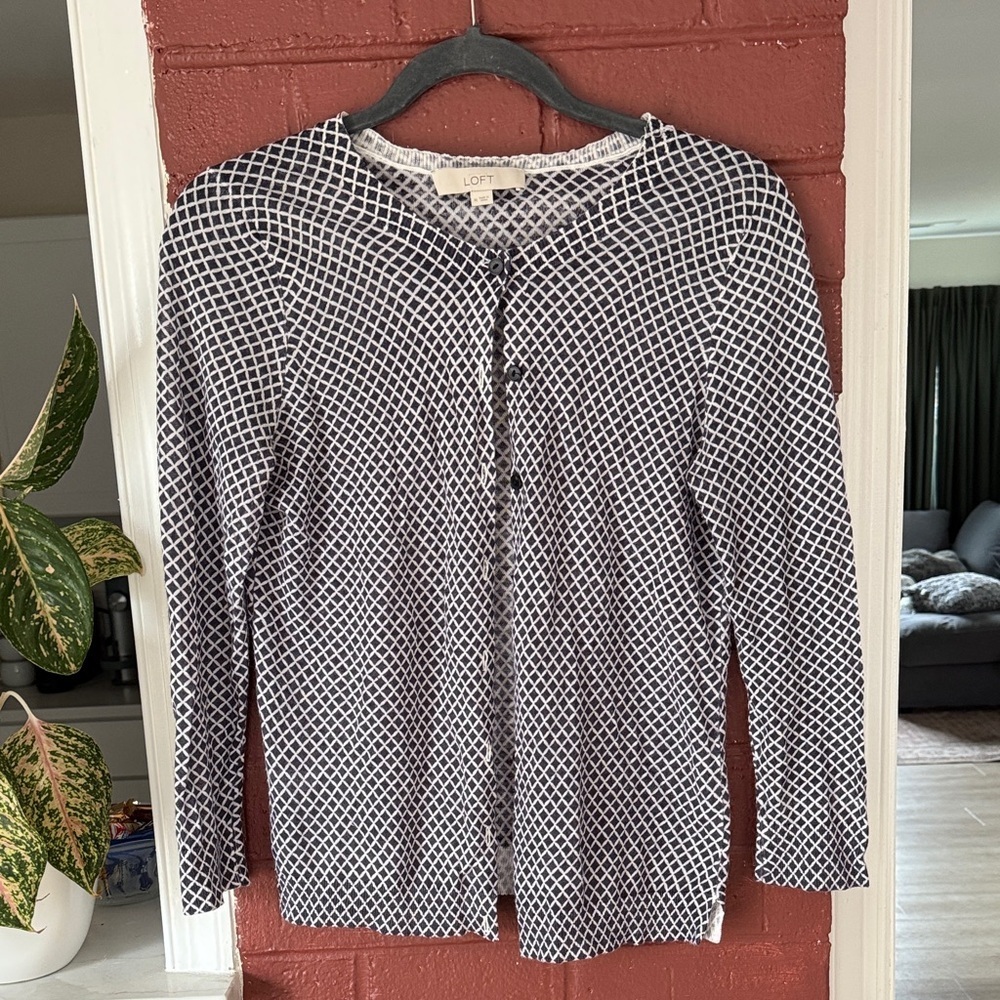 LOFT Navy and White Geometric Lightweight Cardigan